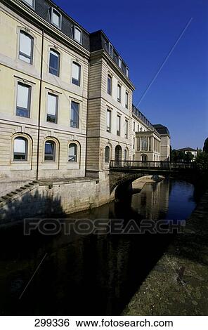 Bridge across canal at dusk, Hannover, Lower Saxony, Germany View Large Photo Image Stock Photograph - Bridge across canal at dusk, Hannover, Lower Saxony, Germany . Fotosearch