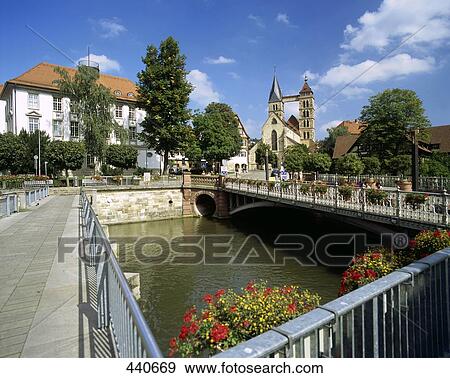 Stock Photo - Bridge across river in town, Baden-Wurttemberg, Germany . Fotosearch