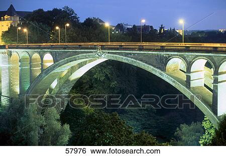 Bridge lit up at night, Alzette River, Luxembourg City, Luxembourg View Large Photo Image Stock Photograph - Bridge lit up at night, Alzette River, Luxembourg City, Luxembourg . Fotosearch