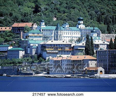Stock Photo - Buildings at waterfront, Mount Athos, Halkidiki, Greece . Fotosearch