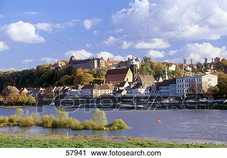 Stock Image - Buildings at waterfront, Sachsische Schweiz, Saxony, Germany . Fotosearch