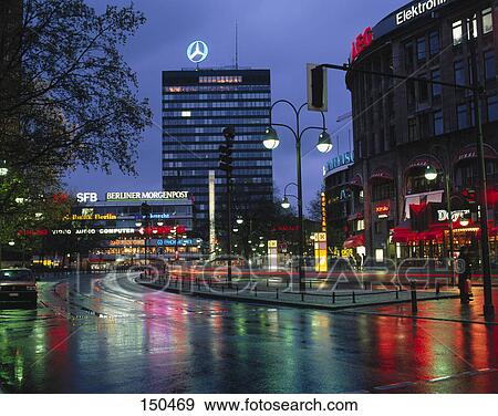 Buildings in city lit up at night, Berlin, Germany View Large Photo Image Stock Photo - Buildings in city lit up at night, Berlin, Germany . Fotosearch