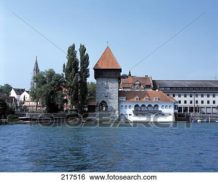 Stock Photograph - Buildings on port, Lake Constance, Lindau, Bodensee, Baden-Wurttemberg, Germany . Fotosearch