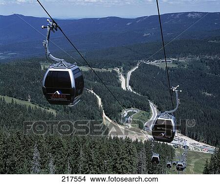 Picture - Cable cars traveling above mountains, Bavaria, Germany . Fotosearch