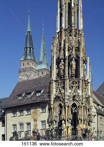 Cathedral against blue sky, Schoner Brunnen, St. Sebaldus Church, Nuremburg, Bavaria, Germany View Large Photo Image Stock Photograph - Cathedral against blue sky, Schoner Brunnen, St. Sebaldus Church, Nuremburg, Bavaria, Germany . Fotosearch
