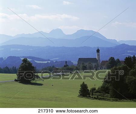 Stock Image - Cathedral on rural landscape, Bavaria, Germany . Fotosearch
