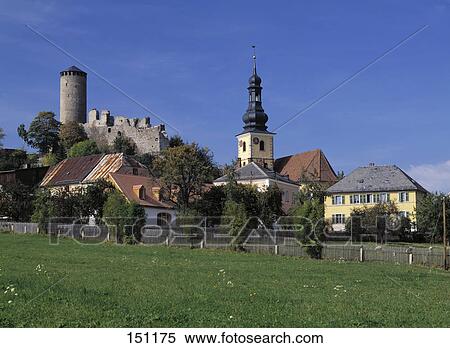 Church and old castle in town under blue sky, Thierstein, Upper Franconia, Bavaria View Large Photo Image Stock Photography - Church and old castle in town under blue sky, Thierstein, Upper Franconia, Bavaria . Fotosearch