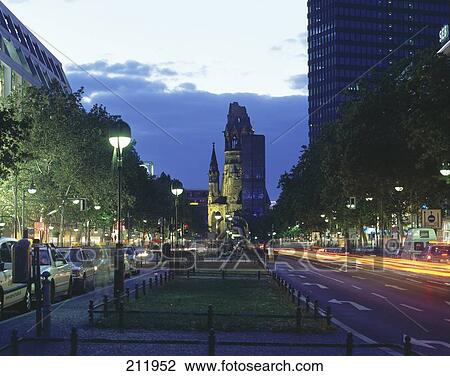 Stock Image - Church in city at night, Church Of Remembrance, Tauentzienstrasse Avenue, Berlin, Germany . Fotosearch