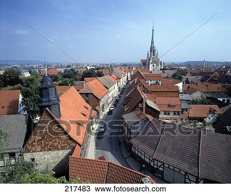 Stock Image - Church in town, St. Mary's Church, Muehlhausen, Thuringia, Germany . Fotosearch