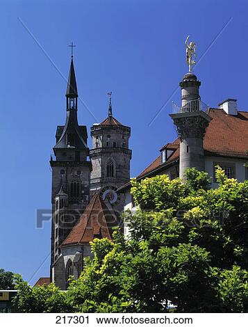 Stock Image - Church towers against blue sky, Baden-Wurttemberg, Germany . Fotosearch