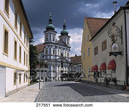 Stock Image - Cistercian monastery at roadside, Waldsassen Abbey, Waldsassen, Bavaria, Germany . Fotosearch