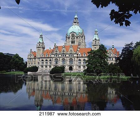 Stock Photo - City hall reflected in lake, New Town Hall, Lake Maschsee, Hanover, Lower Saxony, Germany . Fotosearch