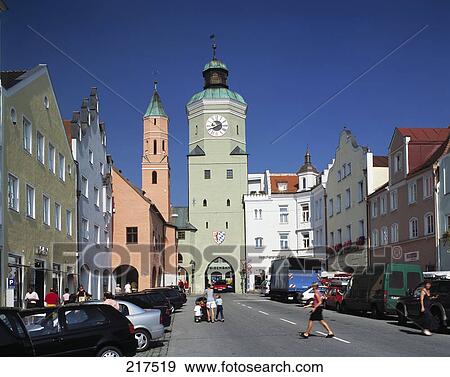 Clock tower in city, Vilsbiburg, Bavaria, Germany View Large Photo Image Stock Photo - Clock tower in city, Vilsbiburg, Bavaria, Germany . Fotosearch