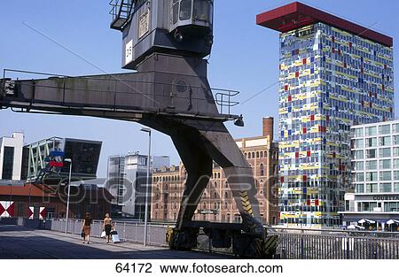 Stock Image - Crane at harbor, Media Harbour, Duesseldorf, North Rhine-Westphalia, Germany . Fotosearch