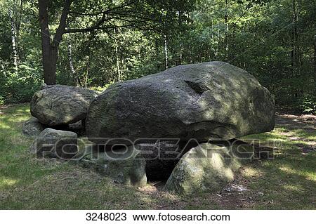 Stock Image - Dolmen in a forest, Meppen, Germany . Fotosearch