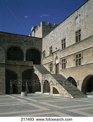 Stock Image - Empty courtyard of cathedral, Rhodes, Greece . Fotosearch