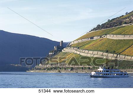 Picture - Excursion boat in river, Rhine River, Ehrenfels Castle, Bingen, Rheingau, Germany . Fotosearch