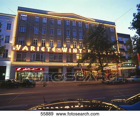 Stock Photo - Facade of theatre illuminated at night, Berlin, Germany, Europe . Fotosearch