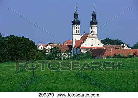 Stock Image - Field in front of monastery, Obermarchtal, Baden-Wurttemberg, Germany . Fotosearch