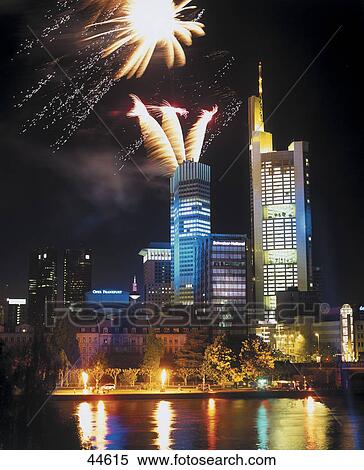 Fireworks over city, Main River, European Central Bank, Frankfurt, Germany View Large Photo Image Stock Photography - Fireworks over city, Main River, European Central Bank, Frankfurt, Germany . Fotosearch