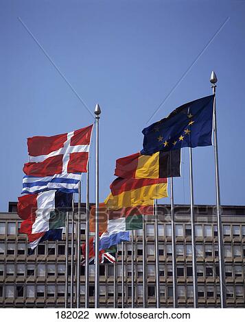 Stock Image - Flags in front of building, City of Luxembourg, Luxembourg . Fotosearch