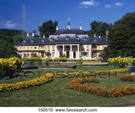 Stock Image - Formal garden in front of castle, Castle Pilllnitz, Dresden, Germany . Fotosearch