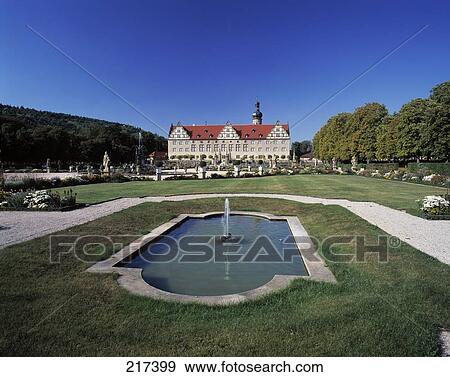 Stock Photo - Fountain in formal garden in front of building, Baden-Wurttemberg, Germany . Fotosearch