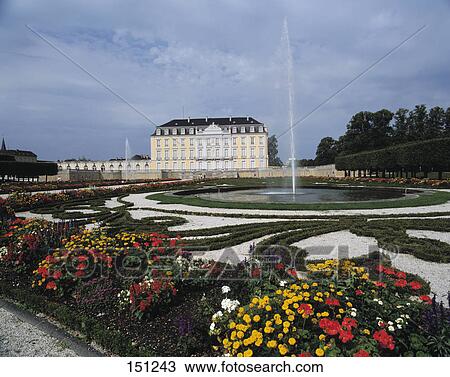 Stock Image - Fountain in front of castle, Augustusburg Castle, Bruhl, Rhineland, North Rhine-Westphalia, Germany . Fotosearch