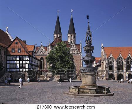 Stock Image - Fountain in town square, Braunschweig, Lower Saxony, Germany . Fotosearch