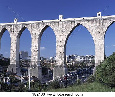 Stock Photograph - Freewater aqueduct against blue sky, Lisbon, Portugal . Fotosearch