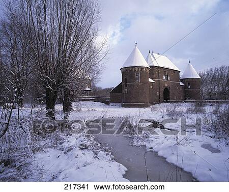 Frozen river near castle on snowcovered landscape View Large Photo Image Stock Image - Frozen river near castle on snowcovered landscape . Fotosearch
