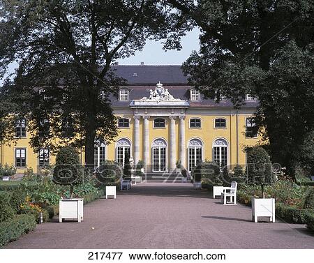 Stock Photo - Garden in front of castle, Mosigkau Castle, Dessau-Mosigkau, Saxony-Anhalt, Germany . Fotosearch