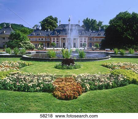 Stock Photo - Garden in front of castle, Schloss Pillnitz, Dresden, Saxony, Germany . Fotosearch