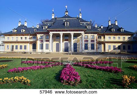 Stock Photograph - Garden in front of castle, Schloss Pillnitz, Dresden, Saxony, Germany . Fotosearch