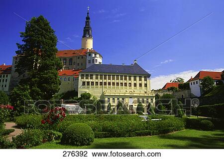 Stock Image - Garden in front of castle, Wessenstein Castle, Mueglitz Valley, Saxony, Germany . Fotosearch