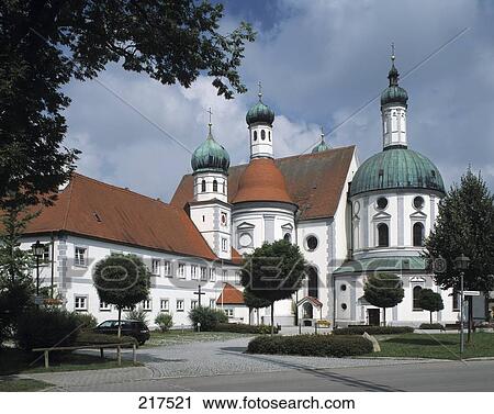 Stock Image - Garden in front of church, Maria Hilf Church, Klosterlechfeld, Swabia, Bavaria, Germany . Fotosearch
