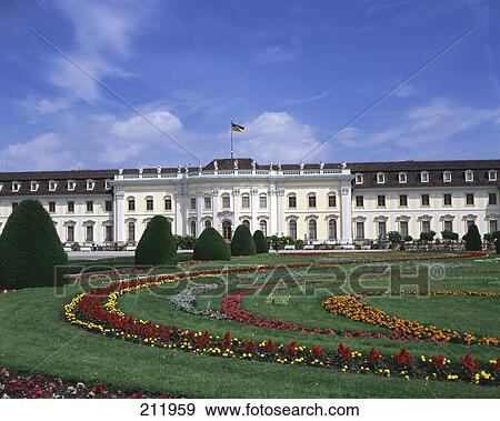 Stock Photo - Garden in front of palace, Ludwigsburg Palace, Ludwigsburg, Baden-Wuerttemberg, Germany . Fotosearch