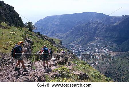 Group of hikers on a downward trail, La Gomera, Canary Islands, Spain View Large Photo Image Stock Photo - Group of hikers on a downward trail, La Gomera, Canary Islands, Spain . Fotosearch