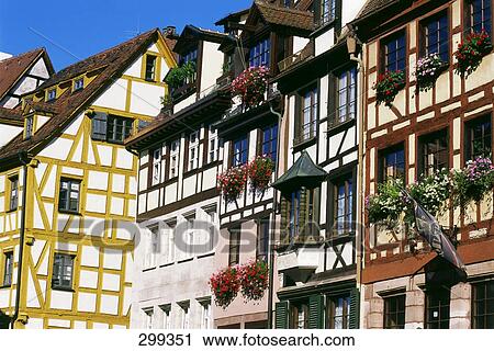 Stock Image - Half timbered houses in row, Nuremberg, Bavaria, Germany . Fotosearch