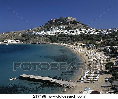 Stock Photo - High angle view of a beach, Lindos, Rhodes, Dodecanese Islands, Southern Aegean, Greece . Fotosearch