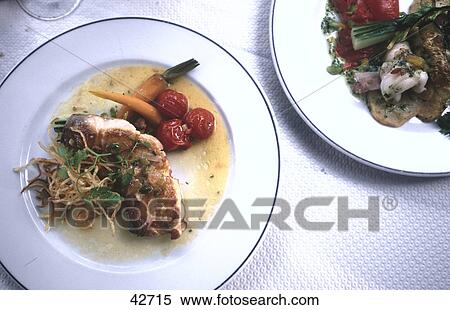 Stock Photography - High angle view of a dish of plancha de maigre, fillets, Bordeaux, France, Europe . Fotosearch