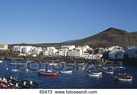 Stock Image - High angle view of boats at the port, El Hierro, Canary Islands, Spain . Fotosearch