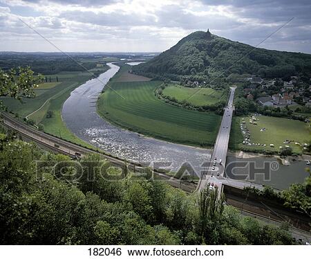 High angle view of bridge across river, Teutoburger Forest, Porta Westfalica, Germany View Large Photo Image Stock Photograph - High angle view of bridge across river, Teutoburger Forest, Porta Westfalica, Germany . Fotosearch