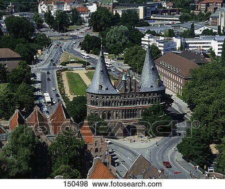 High angle view of city gate, Holstentor, Lubeck, Schleswig-Holstein, Germany View Large Photo Image Stock Photo - High angle view of city gate, Holstentor, Lubeck, Schleswig-Holstein, Germany . Fotosearch