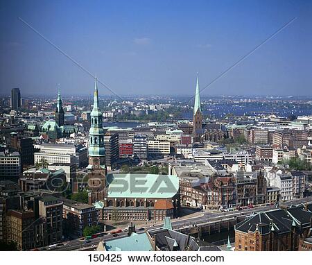 High angle view of city, Hamburg, Germany View Large Photo Image Stock Photography - High angle view of city, Hamburg, Germany . Fotosearch