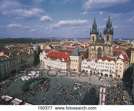 Stock Photo - High angle view of city, Teynkirche, Altstaedter Ring, Prague, Czech Republic . Fotosearch