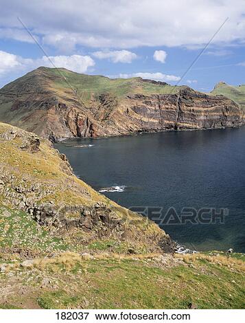 Stock Photo - High angle view of cliffs along river, Funchal, Madeira Island, Portugal . Fotosearch