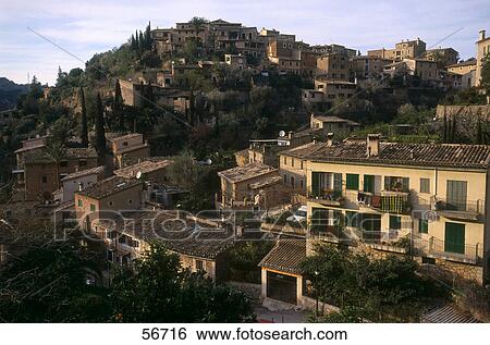 High angle view of houses on hill, Majorca, Balearic Islands, Spain View Large Photo Image Stock Photograph - High angle view of houses on hill, Majorca, Balearic Islands, Spain . Fotosearch