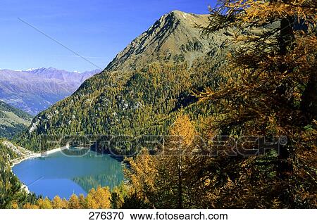 Stock Image - High angle view of lake surrounded by mountain, Zufallsee, Martelltal, Stilfserjoch National Park, Tyrol, Italy . Fotosearch
