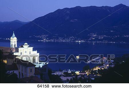 Stock Photo - High angle view of sanctuary at night, Madonna Del Sasso, Orselina, Locarno, Canton Ticino, Switzerland . Fotosearch